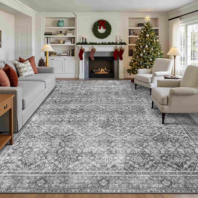Latte&Fog 9x12 Area Rug for Living Room, Extra Large Vintage Grey Washable Rugs - Image 4