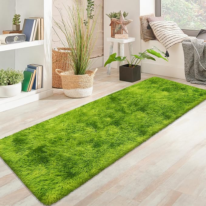 Grass Green Tie-Dyed Rug 2x6 ft Plush High Pile Shag Carpet Fluffy Soft Runner - Image 2