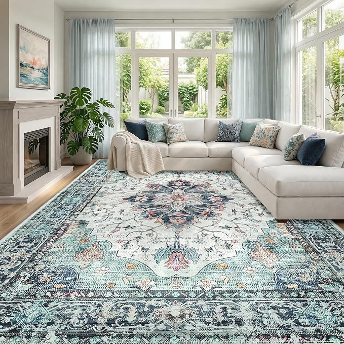 RELEANY Area Rugs Large 10'x14' Washable Non-Slip, Floral Vintage Distress by RELEANY
