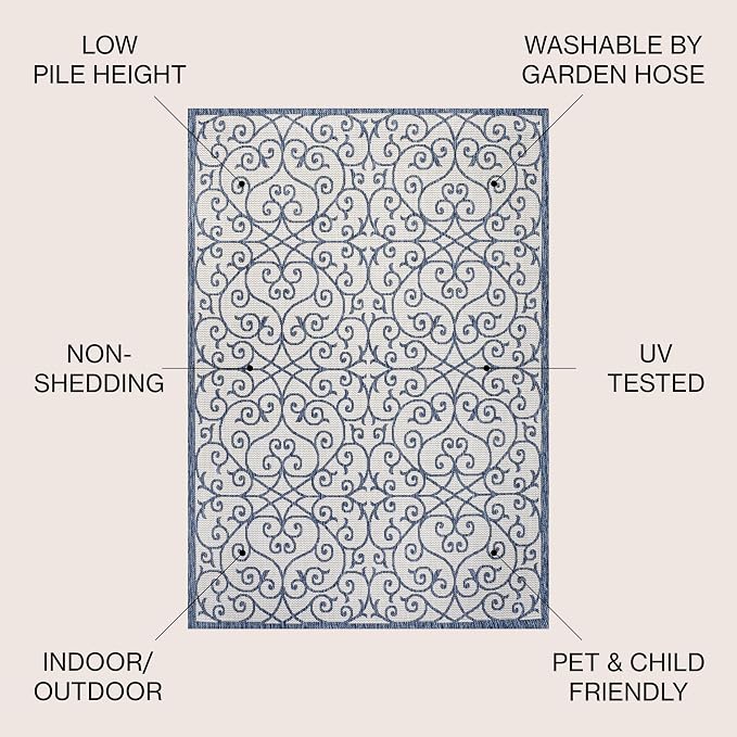 JONATHAN Y Vintage Filigree Indoor Outdoor Square Area Rug 5X5 Blue/Cream - Image 2