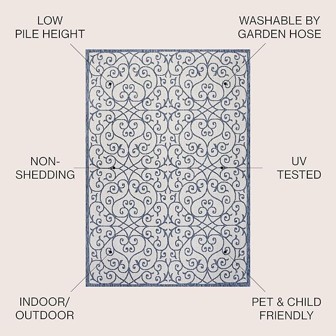 JONATHAN Y Vintage Filigree Indoor Outdoor Area Rug 5X8 Blue/Cream, Madrid - Image 2