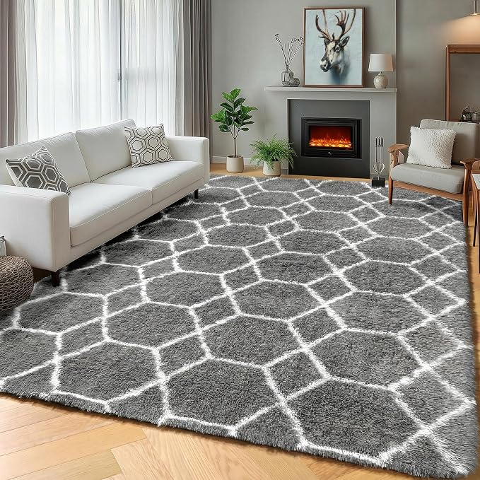 ONASAR Area Rugs for Bedroom Living Room, 4x6 Fluffy Grey and White Floor Rug - Image 2