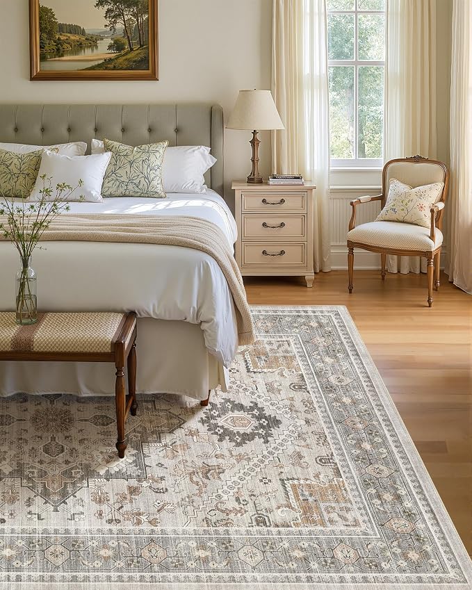 6x9 Vintage Area Rug: Washable Neutral Soft Non Slip Thin Large Floor Carpet - Image 4