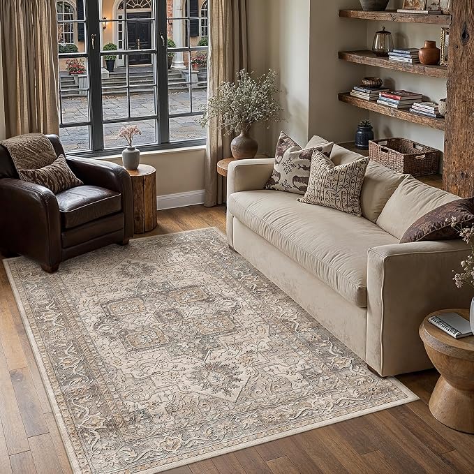 4x6 Washable Vintage Area Rug Brown Oriental Soft Entryway Throw Rug Neutral by WondRg