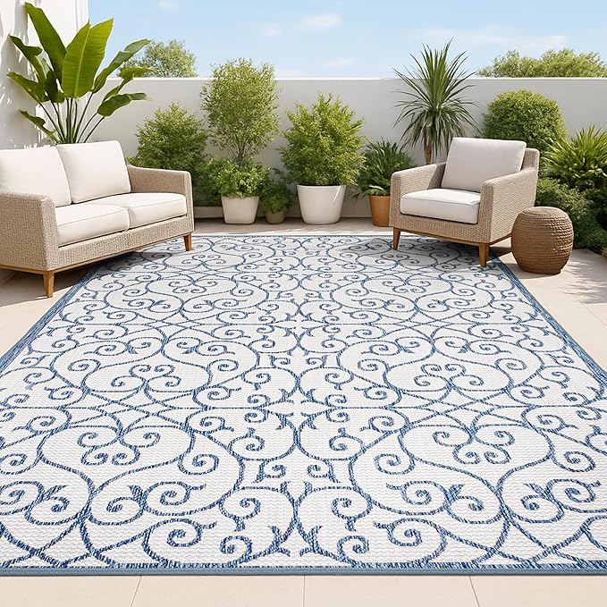 JONATHAN Y Vintage Filigree Indoor Outdoor Area Rug 9X12 Blue/Cream, Madrid by JONATHANY