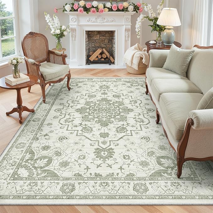 Madane 5x7 Area Rugs for Living Room, Machine Washable Vintage Green Rug by Madane