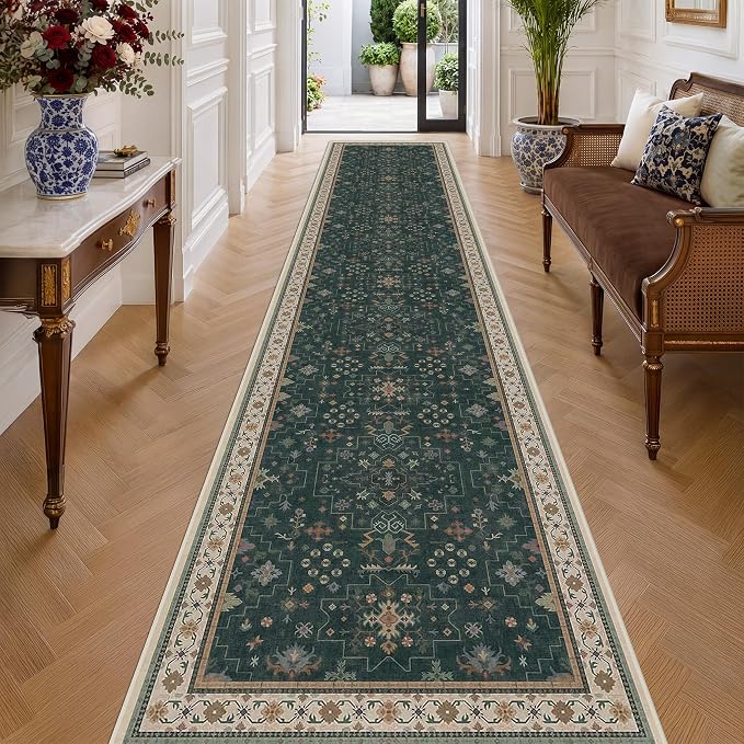 Hazo Haus Washable Dark Green Hallway Runner Rug 16 ft Long by HazoHaus