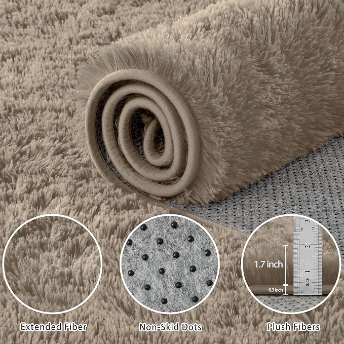 5x8 Area Rug for Living Room:Ultra Soft Fluffy Shag Grey Camel Rugs, Large - Image 4