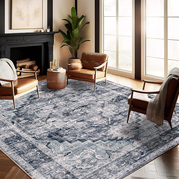 CHAMPLANT Washable Area Rug 10'x14' Dark Blue Retro Flowers Boho Design by CHAMPLANT