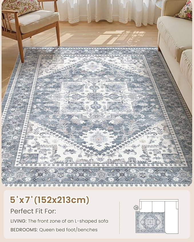 5x7 Vintage Area Rug: Washable Neutral Soft Non Slip Thin Large Floor Carpet - Image 8