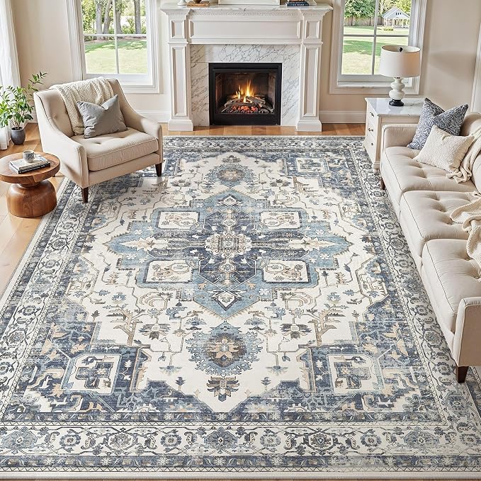 7x9 Washable Area Rugs for Living Room, Large Rug Non Slip Backing Vintage by JessibouAreaRug