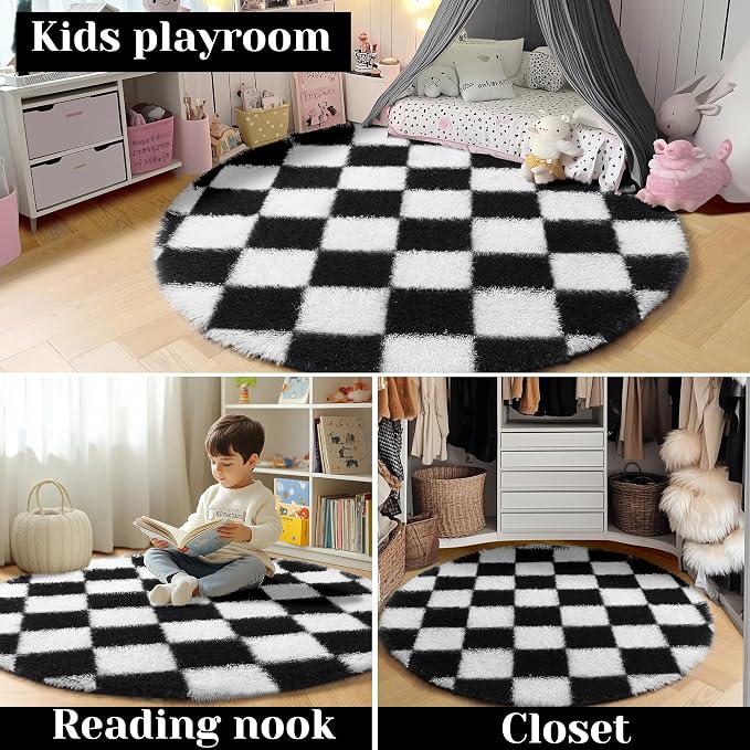 KICMOR Round Rugs 8ft Black and White Circle Area Rug, Fluffy Soft Large Fuzzy - Image 7