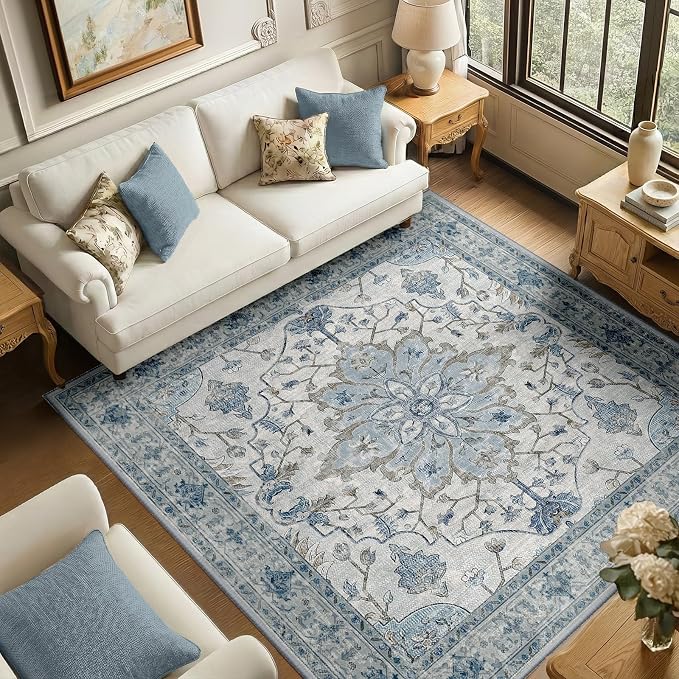 RELEANY Area Rugs Square 6ft Washable Non-Slip, Floral Vintage Distress by RELEANY