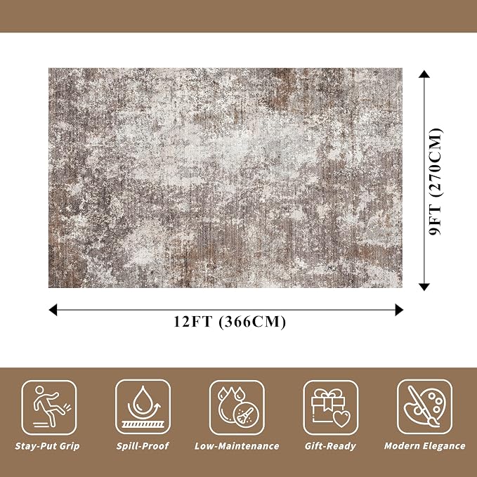 Brown 9x12 Rugs for Living Room, Bedroom and Dining Room – Machine Washable - Image 2