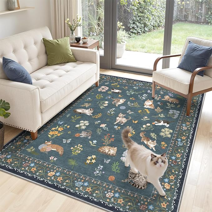 Soalmost Cat 4x6 Area Rugs, Machine Washable Animal Floral Accent Rug Non-Slip - Image 3