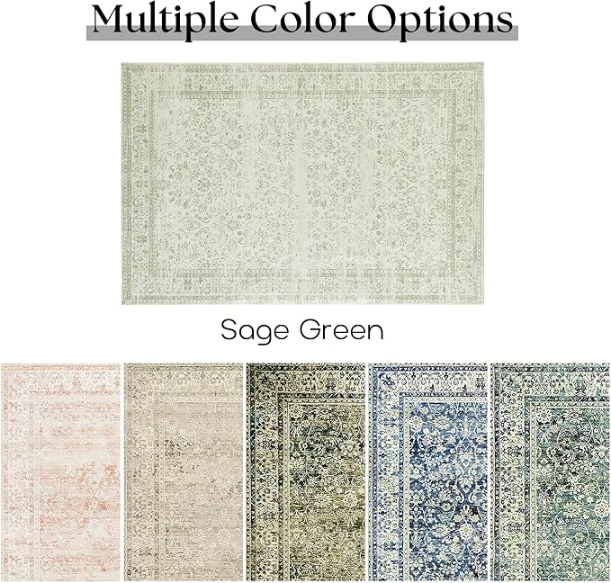 Sage Green Area Rug for Bedroom Neutral Boho Farmhouse Floral Distressed Design - Image 6