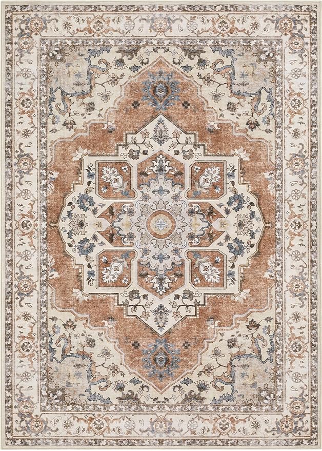 6x9 Washable Area Rug: Vintage Neutral Soft Non Slip Thin Large Floor Carpet - Image 7