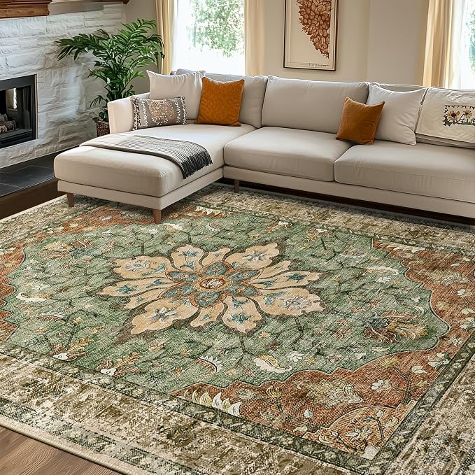 RELEANY Area Rugs 8'x10' Washable Non-Slip, Floral Vintage Distress Medallion - Image 2