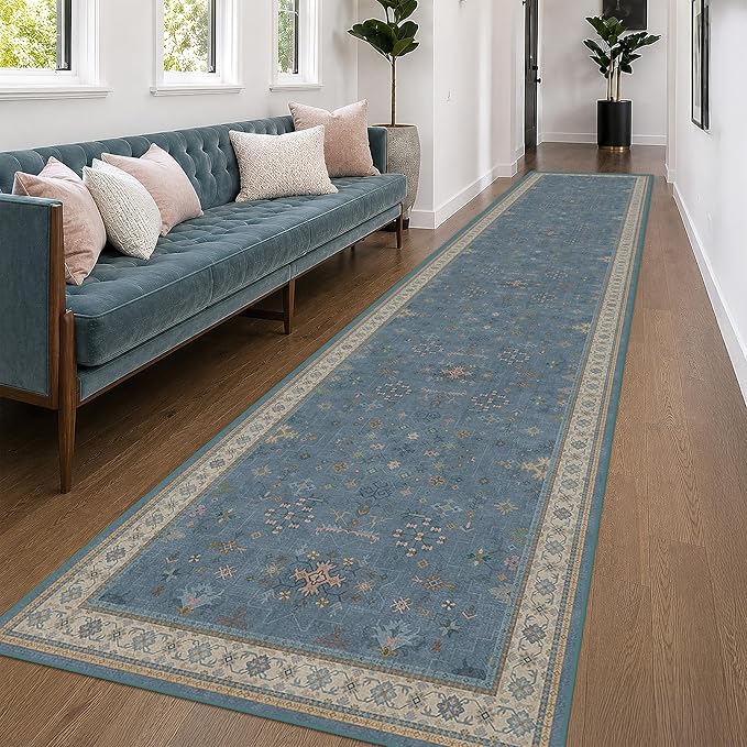 Hazo Haus Neutral Blue Washable 3x16 Extra Long Hallway Runner Rug, Boho by HazoHaus