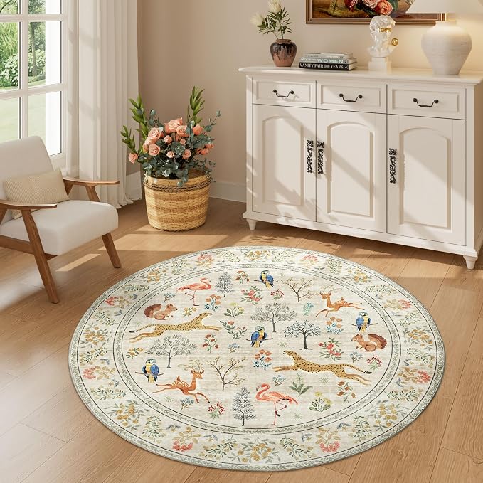 DUKINO 4ft Round Rug, Washable Round Area Rug, Non Slip Indoor Low Pile Animal - Image 3