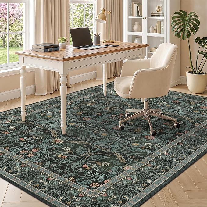 Dusty Teal Area Rug for Living Room, Floral Washable Rugs 5x7 for Bedroom - Image 6