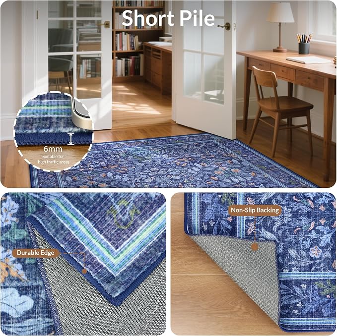 GENIMO 6x9 Washable Area Rug, Non-Slip Vintage Boho Floral Carpet, Soft - Image 5