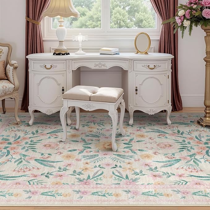 8x10 Pink Floral Area Rug, Large Washable Living Room Carpet - Image 3