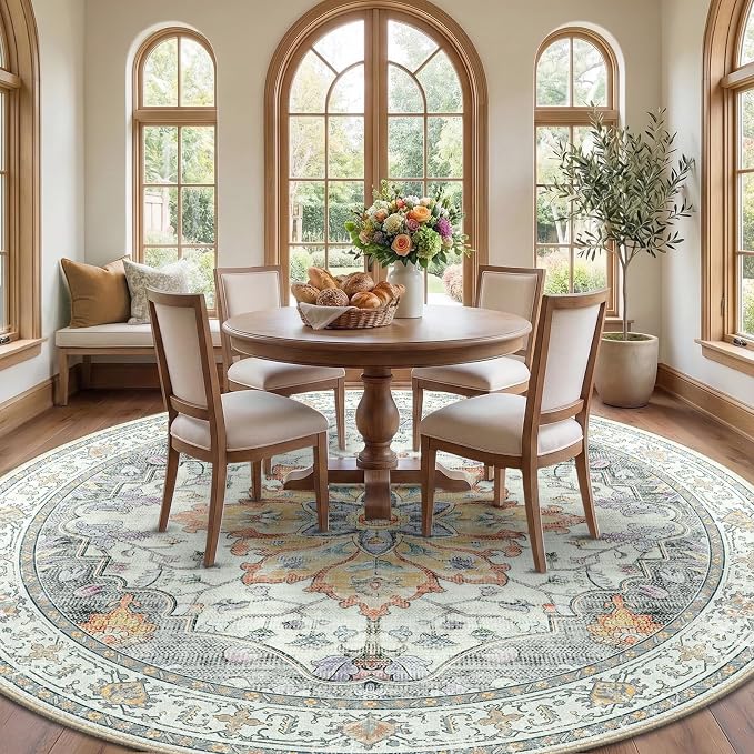 RELEANY Area Rugs Round 10ft Washable Non-Slip, Floral Vintage Distress - Image 3