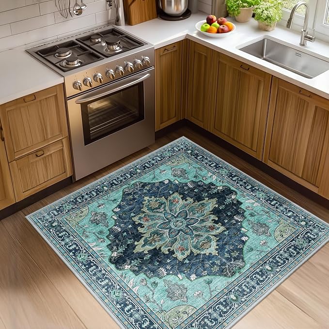 RELEANY Area Rugs Square 4ft Washable Non-Slip, Floral Vintage Distress by RELEANY