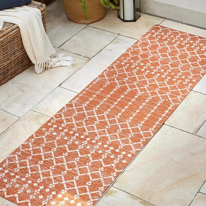 JONATHAN Y Moroccan Geometric Indoor Outdoor Runner Rug 2X8 Orange/Cream - Image 3