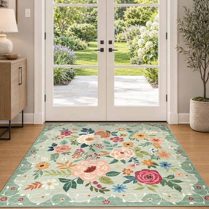 DUKINO 4x4 Square Area Rug, Floral Indoor Floor Washable Entryway Rug - Image 9
