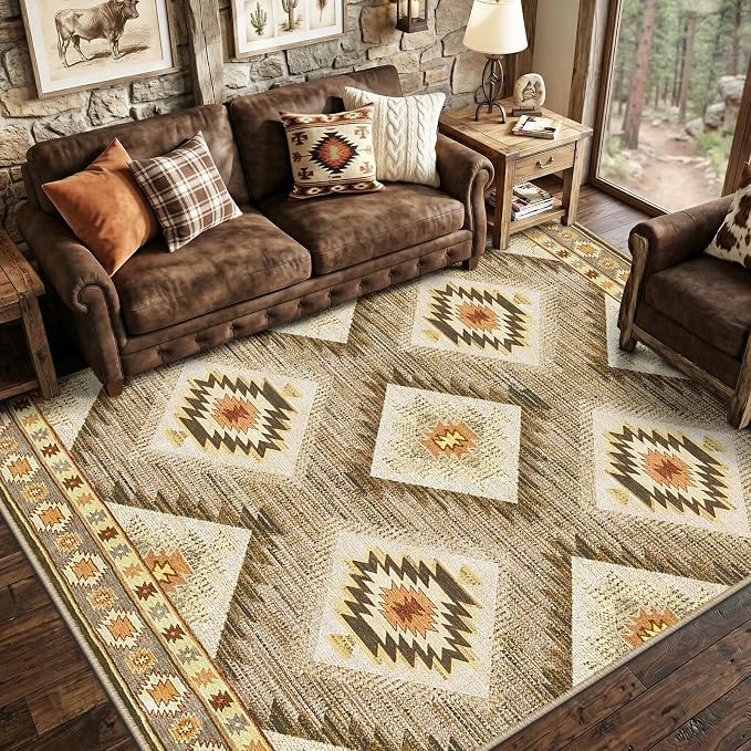 Area Rug 8x10 Rug Machine Washable Non-Slip Low Pile Print Pattern Western Rug - Image 2