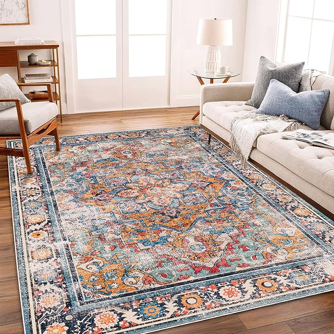 CHAMPLANT Washable Area Rug 9'x12' Boho Chic Medallion Distressed Design by CHAMPLANT