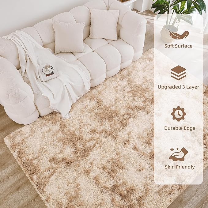 Litanika 9x12 Shag Area Rug for Living Room Bedroom, Tie-Dyed Beige High Pile - Image 4