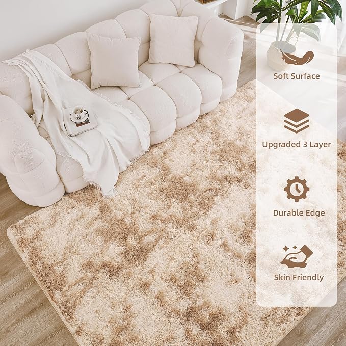 Litanika 4x6 Shag Area Rug for Living Room Bedroom, Tie-Dyed Beige High Pile - Image 4