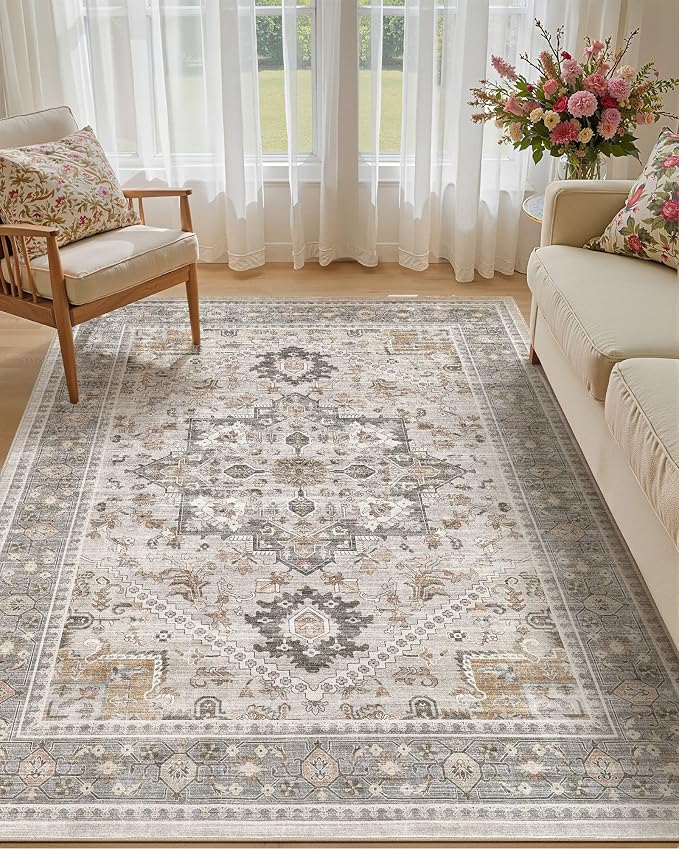 5x8 Vintage Area Rug: Washable Neutral Soft Non Slip Thin Large Floor Carpet by MICGEEK