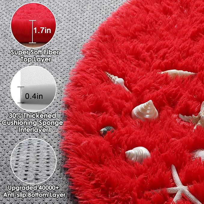 ONASAR Red Round Rugs 5ft for Bedroom Living Room, Fluffy Circle Area Rug for - Image 2