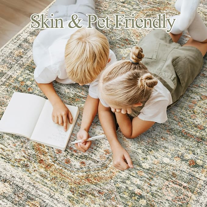 Soalmost 5x7 Area Rugs Green Orange Low Pile Indoor Washable Trendy Faded Style - Image 9