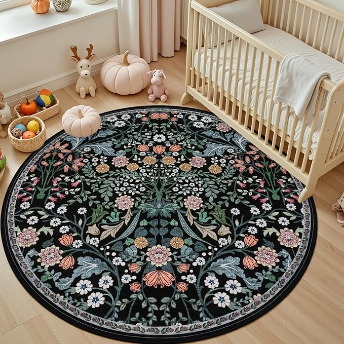 Round Area Rug for Living Room: 6 ft Floral Washable Circle Rug Soft Boho - Image 5