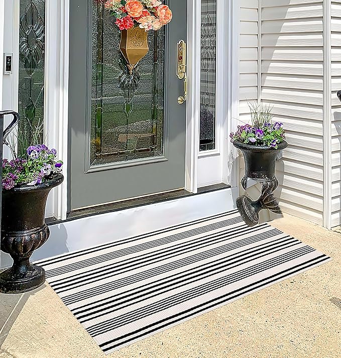 Black and White Striped Outdoor Rug 24'' x 51''Farmhouse Front Porch Rug - Image 6