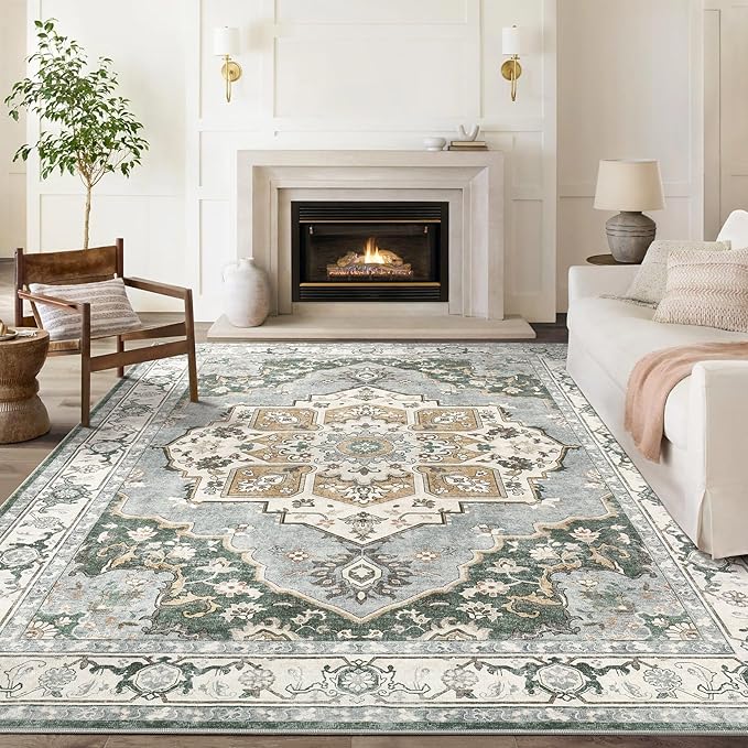 6x9 Washable Area Rug: Vintage Neutral Soft Non Slip Thin Large Floor Carpet - Image 2