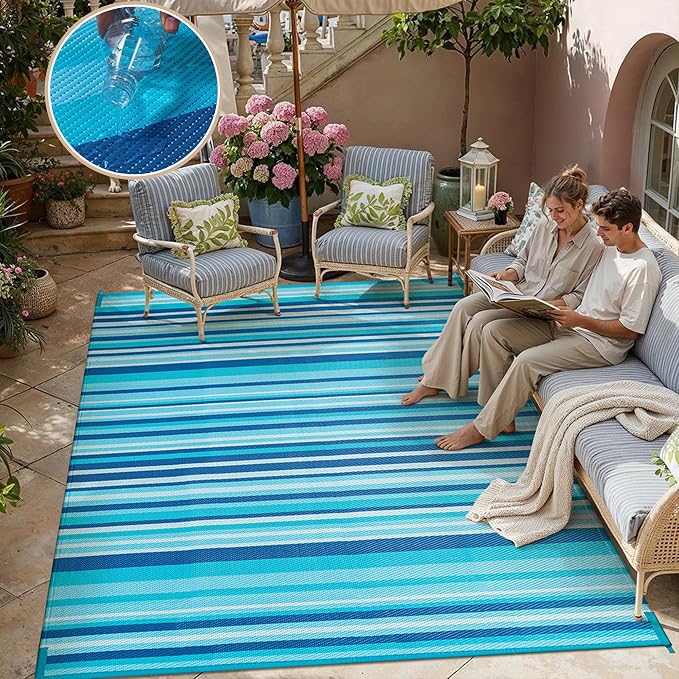 Outdoor Plastic Straw Rug Waterproof Patio 6x9 Blue Teal Stripe Mat - Image 6