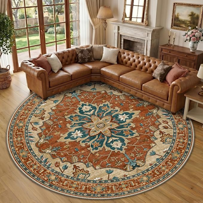 RELEANY Area Rugs Round 10ft Washable Non-Slip, Floral Vintage Distress by RELEANY