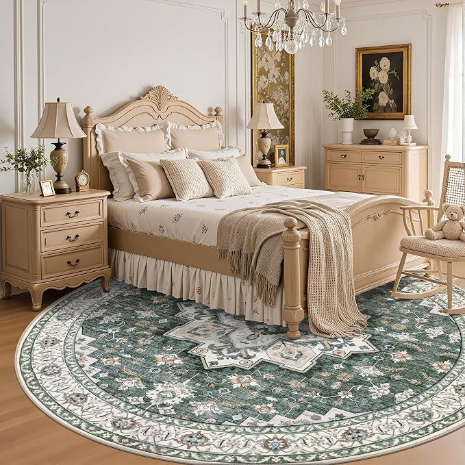 Round Area Rug for Living Room: 4 ft Washable Vintage Boho Soft Thin Circle Rug - Image 4
