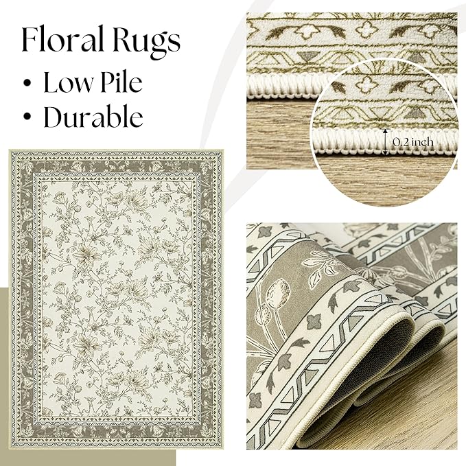 Beige Taupe Floral Area Rug for Entryway 2x3 Washable Small Rug Low Pile Non - Image 5