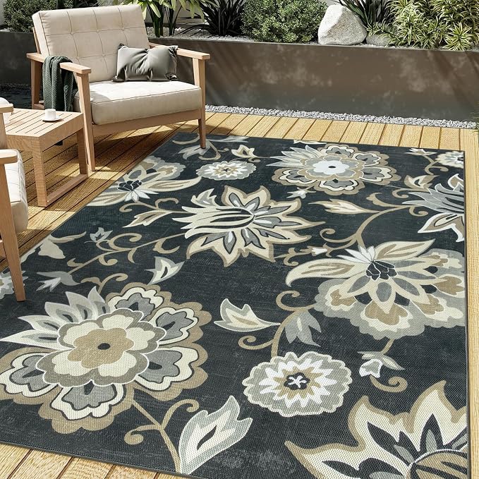 Lahome Floral Indoor Outdoor Rugs, 6x9ft Non Slip Outdoor Patio Rug by Lahome