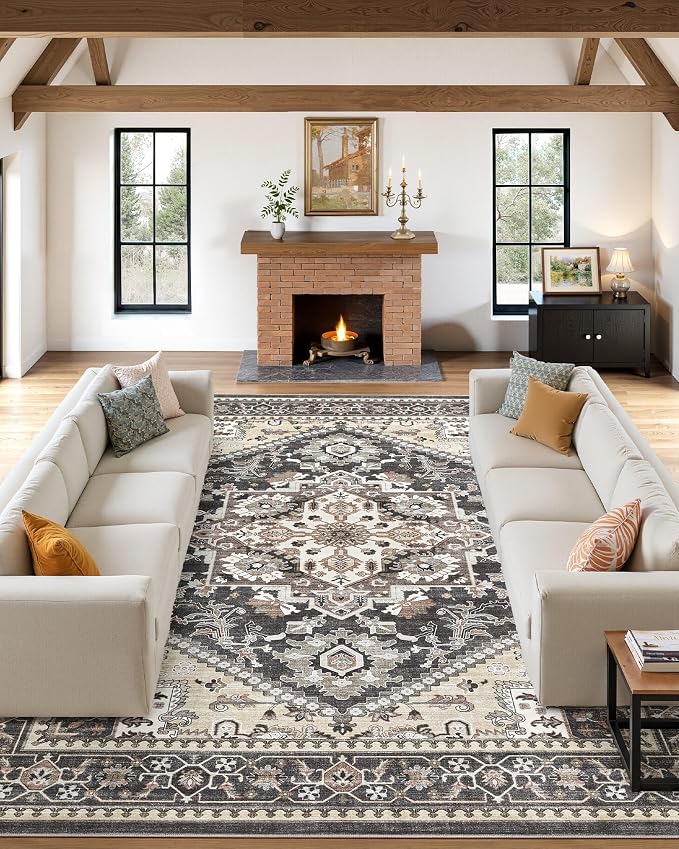 12x15 Vintage Area Rug: Washable Neutral Soft Non Slip Thin Large Floor Carpet by MICGEEK