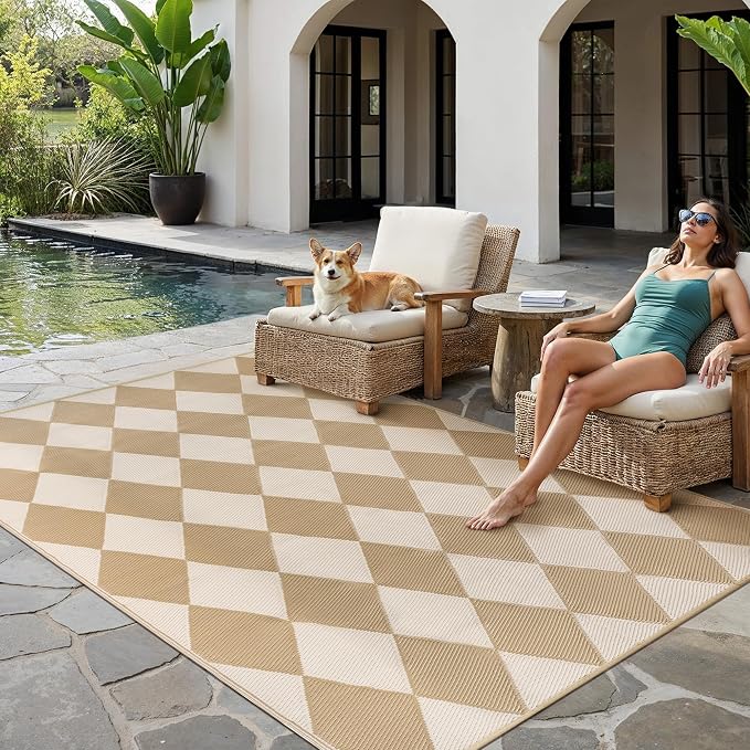 Outdoor Plastic Checkered Rug Waterproof Patio 6x9 Beige Brown Diamond Geometry by WondRg