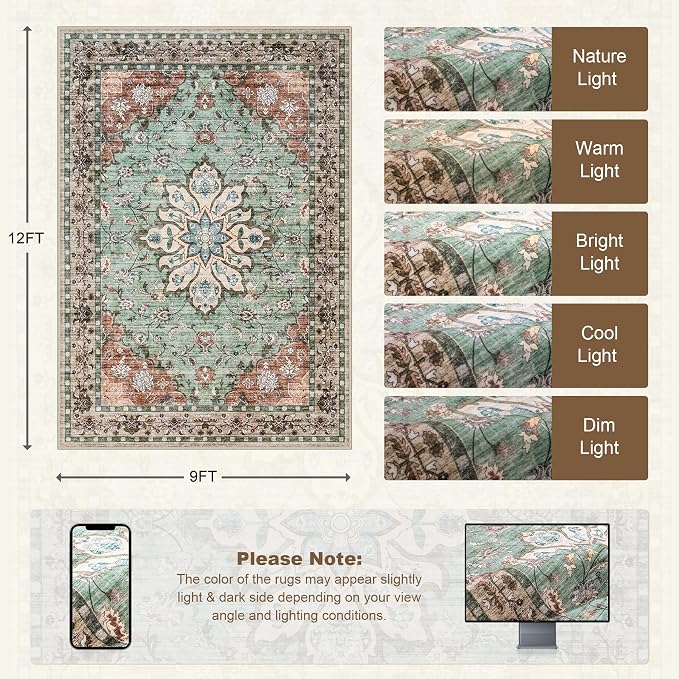 Area Rugs 9x12 Living Room Rug: Washable Rug Soft Vintage Distressed Floral - Image 2