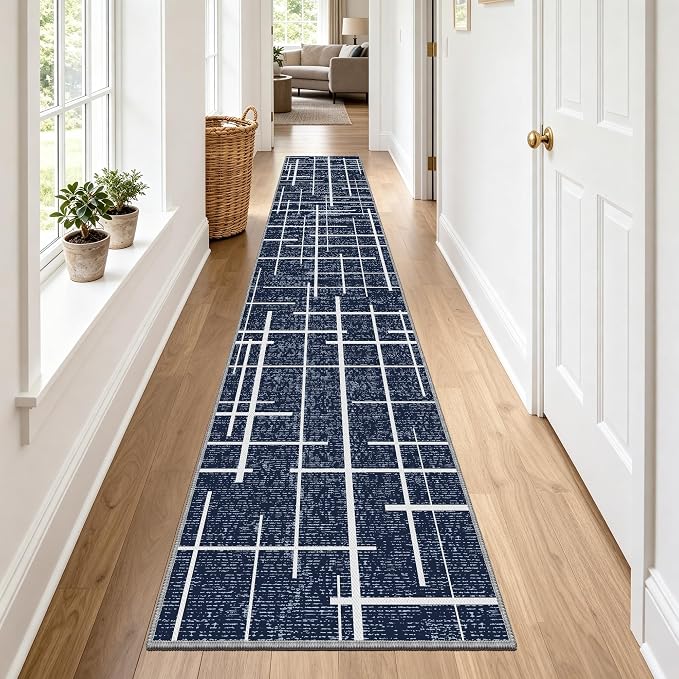 Non Slip Hallway Runner Rug 2.6x12, Modern Distressed Stripe, Washable Extra by TTelephant